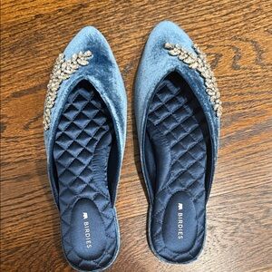 Birdies Luxurious Blue Velvet Flats with Gold Embellishments